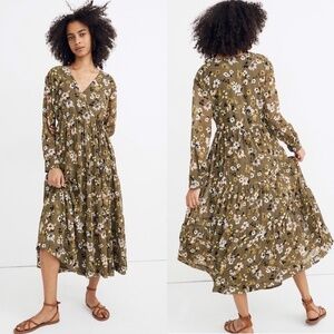Madewell Cinch Waist Tiered Midi Dress S Olive Floral Wrap Boho Peasant Prairie